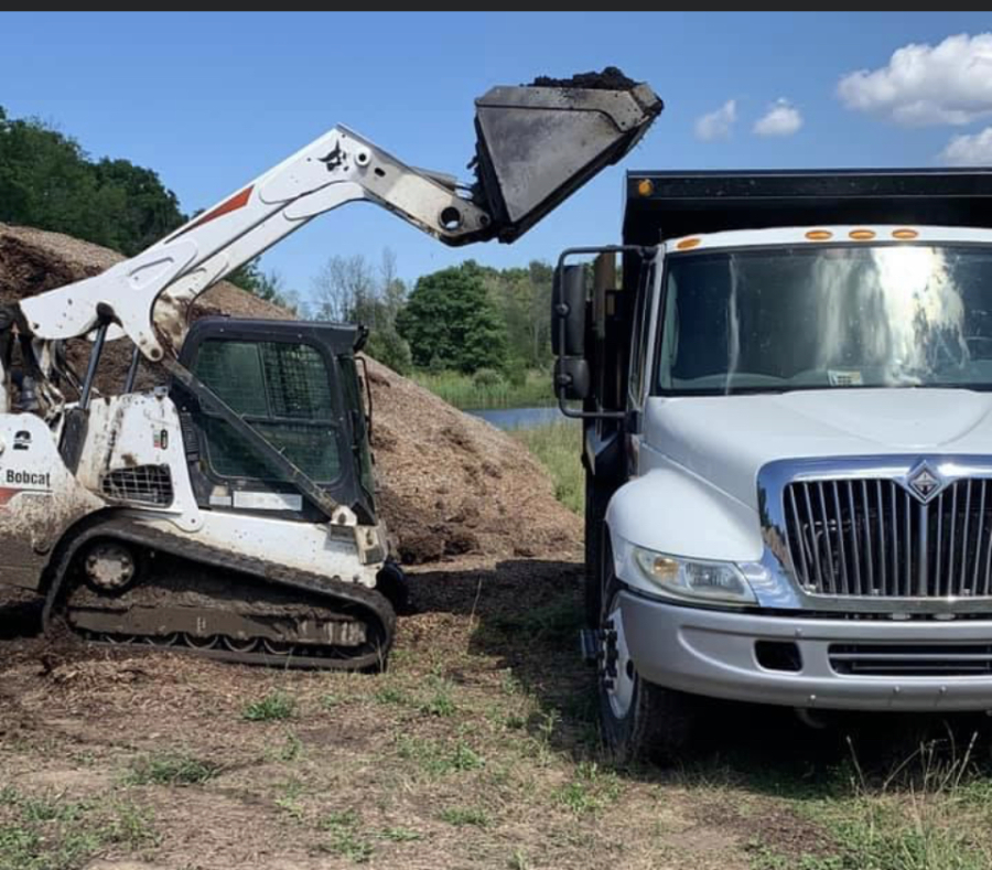 A Bobcat loader filling Buttonwood Farm Nursery's dump truck with mulch beside a bulk pile